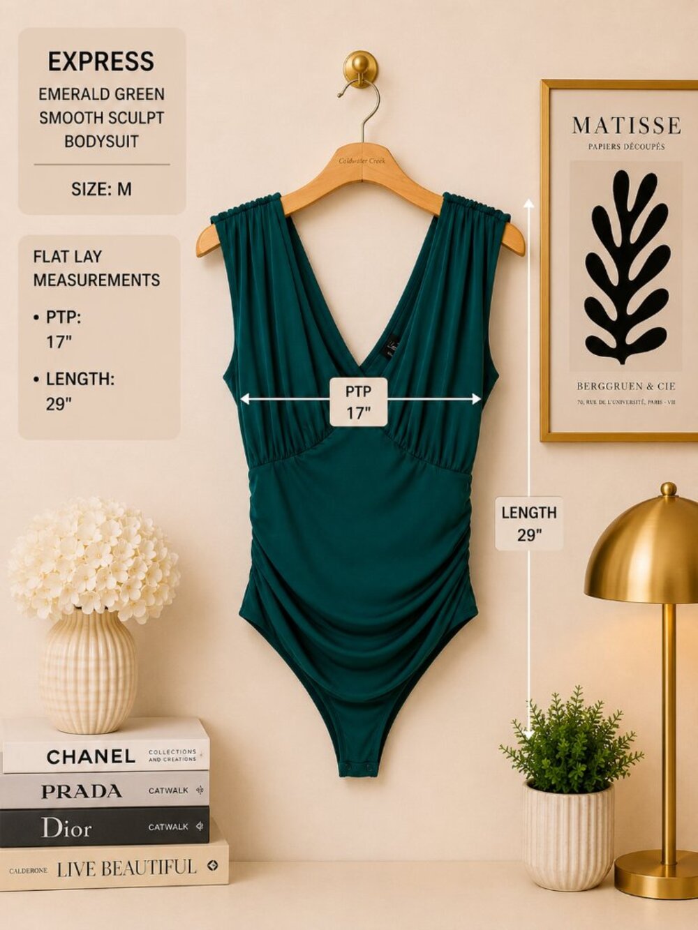 Express Body Contour Emerald Green Sculpt Ruched V Neck Bodysuit M NWT - Picture 4 of 6